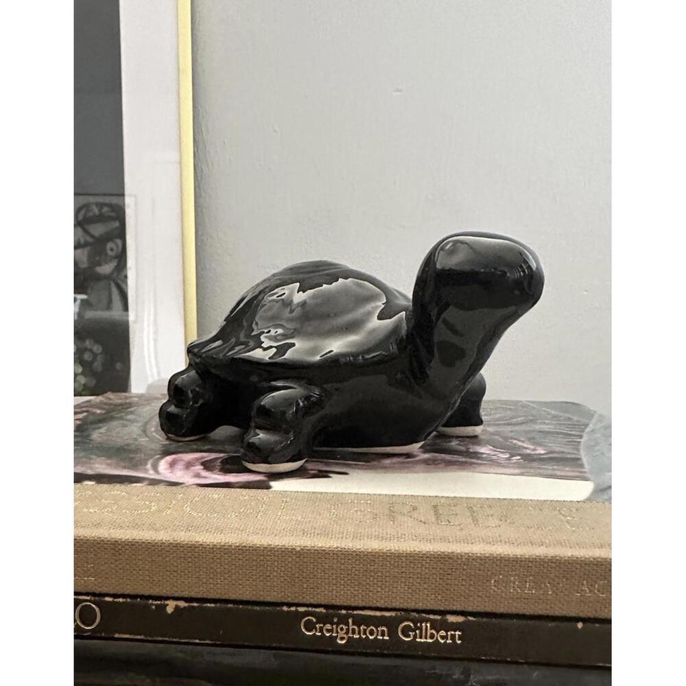Vintage Daniel Brand Glossy Black Ceramic Turtle Figurine Sculpture